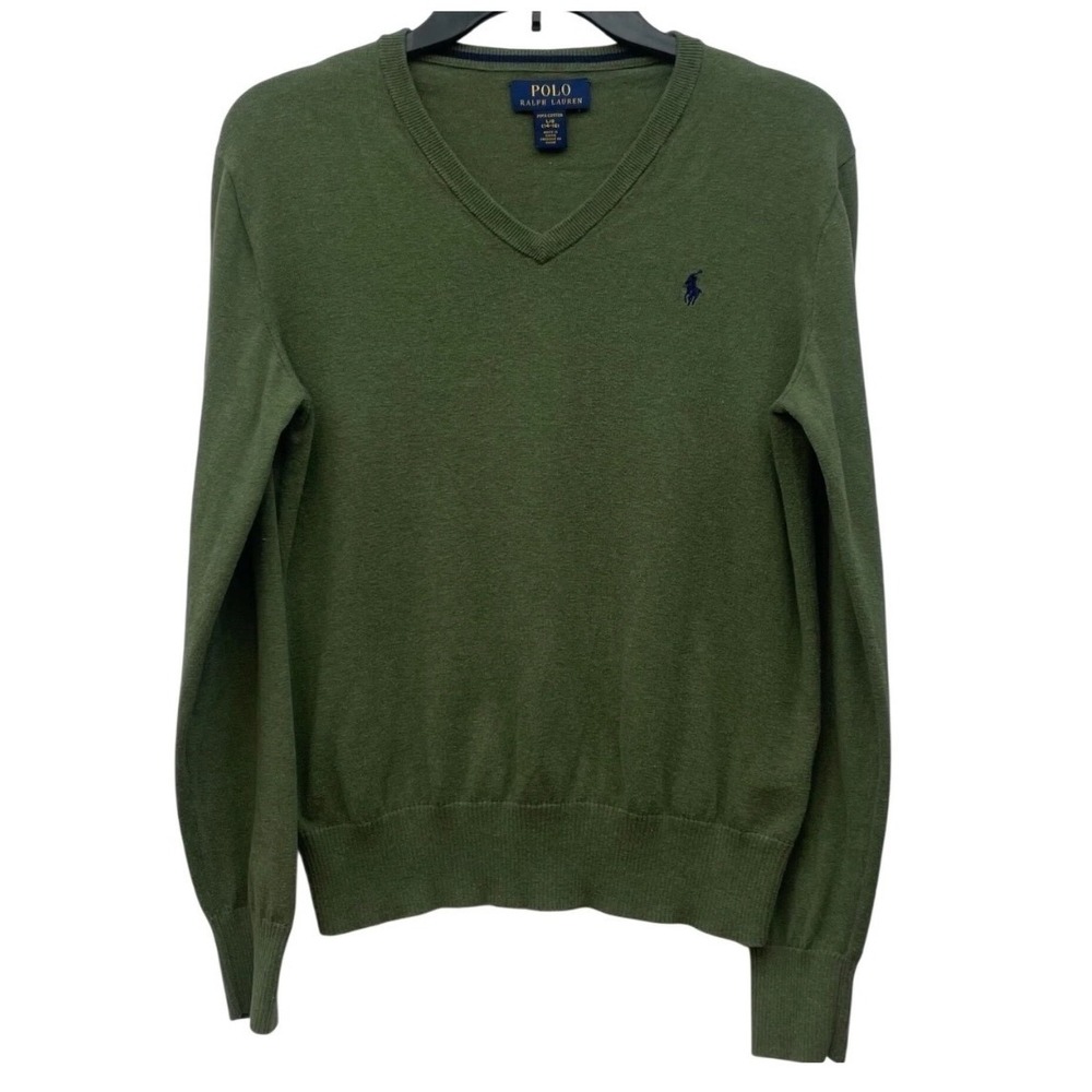 Ralph Lauren Pima Cotton Sweater Green V Neck Boys L Pony
